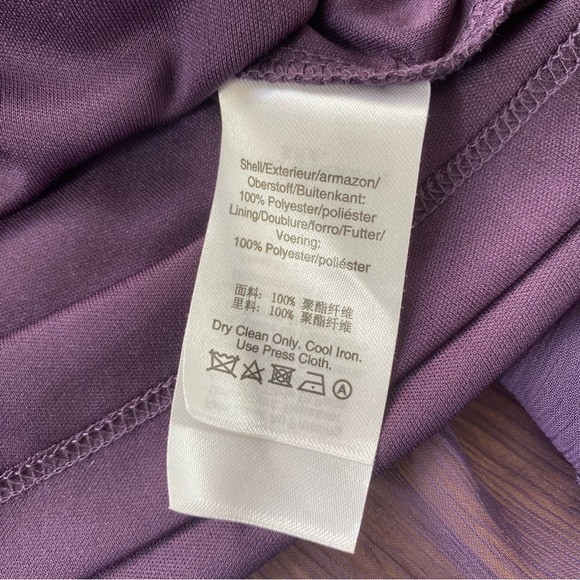 DKNY Midi Dress 10 Balloon Sleeve Chiffon Faux-Wrap Hi-Low Dark Purple Belted - Picture 5 of 8